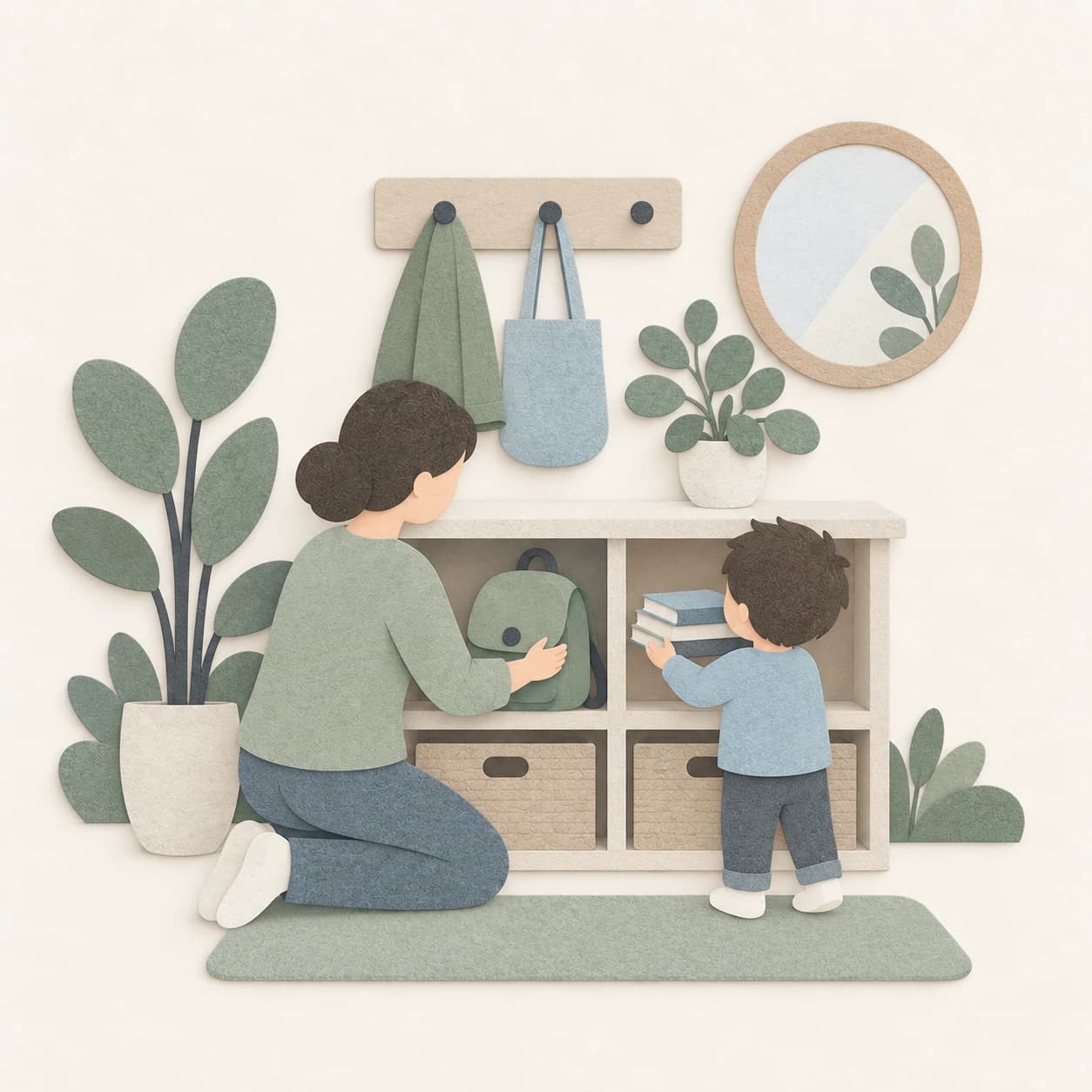 A parent kneeling with their child, putting a backpack and books away on a hallway shelf
