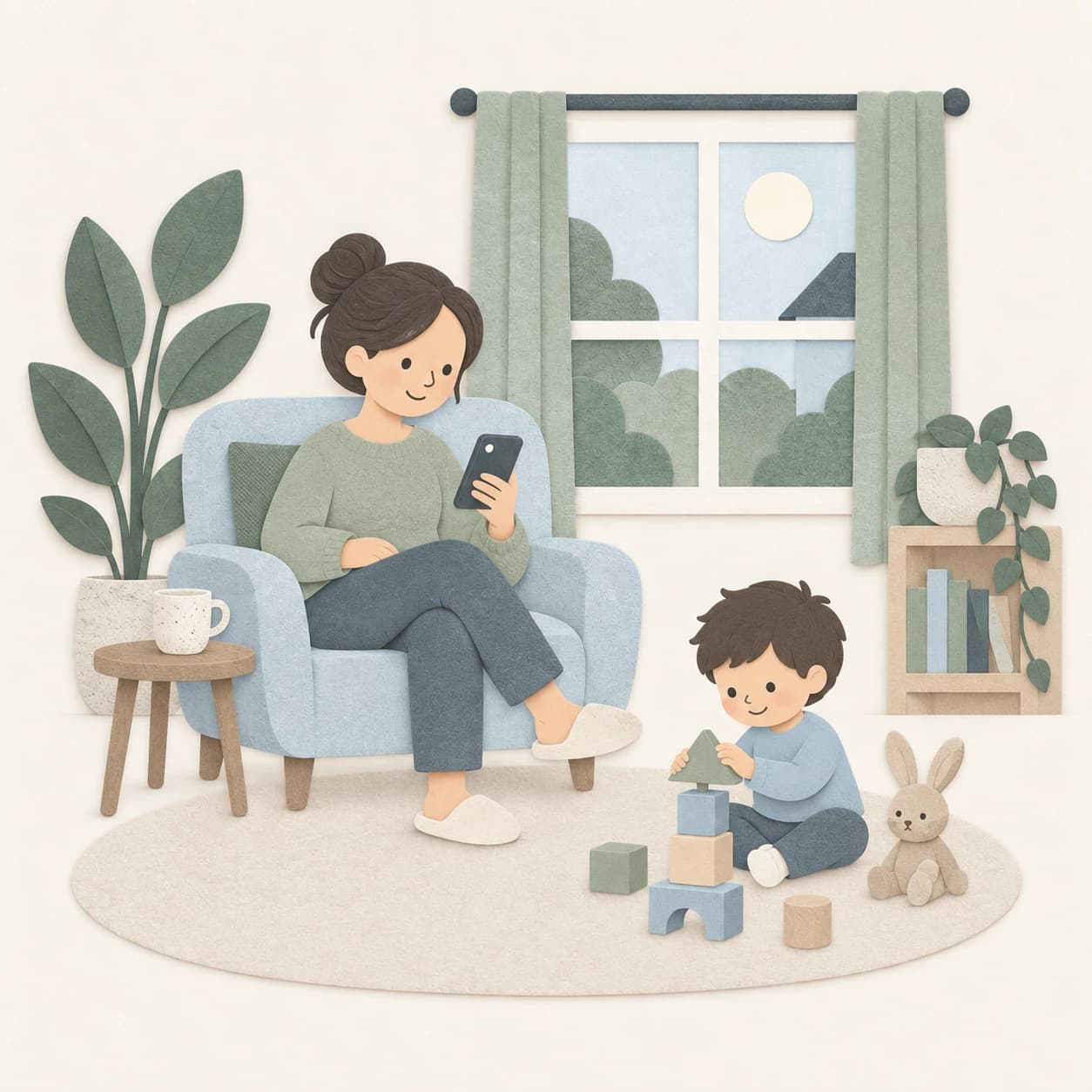 A parent resting in an armchair with their phone while their child plays with blocks on the rug beside them