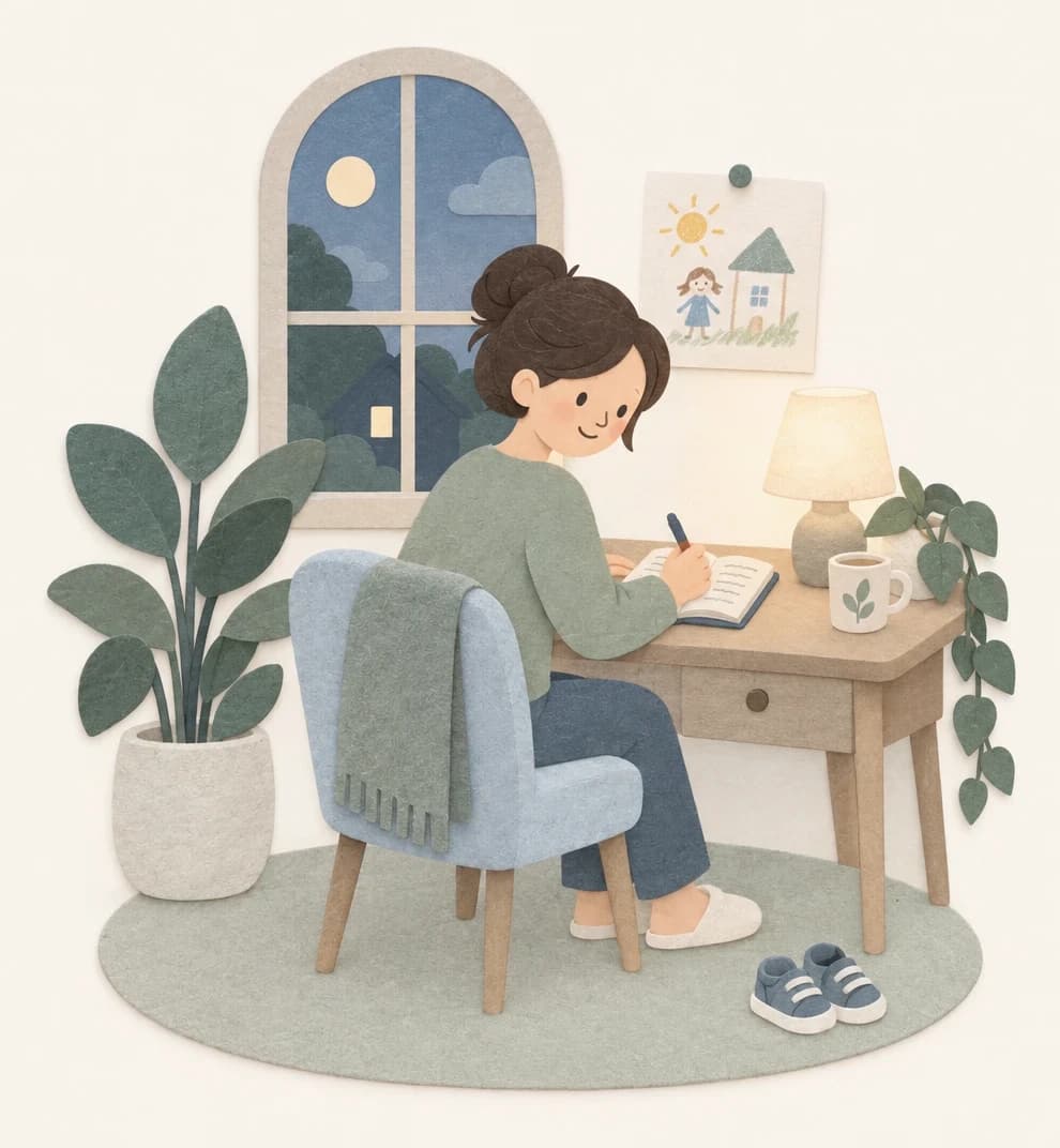 A parent writing in a notebook at a desk by an arched window in the evening, small shoes by the chair