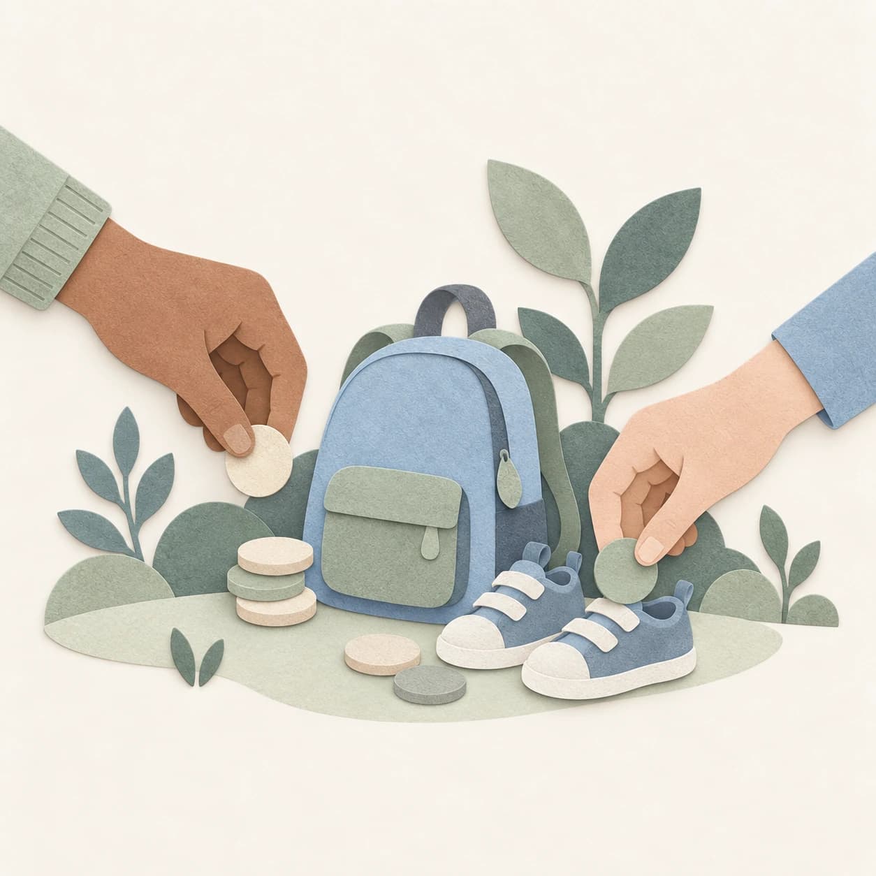 Two hands placing coins beside a child's backpack and shoes