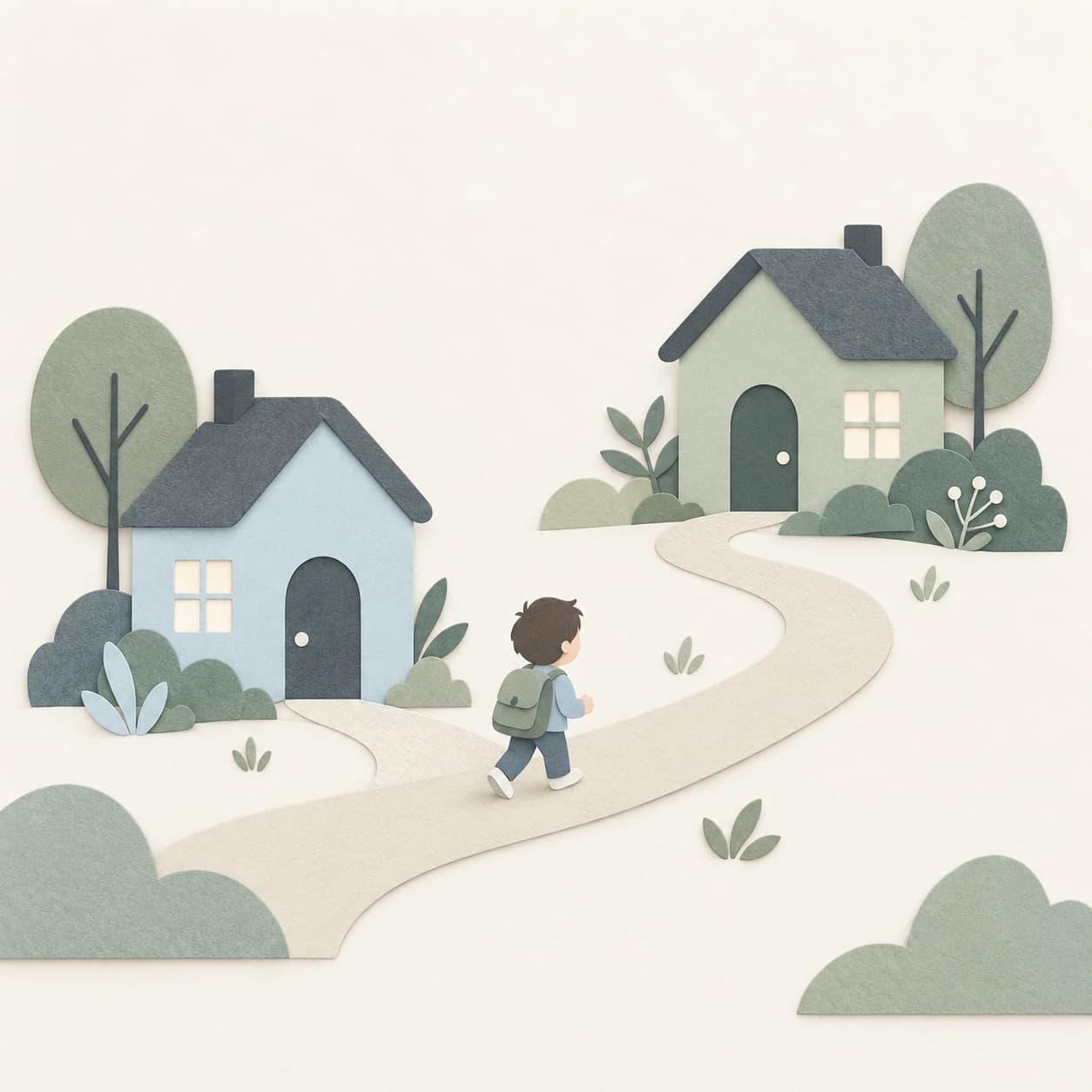 Two felt-paper houses joined by a winding path, with a child walking between them