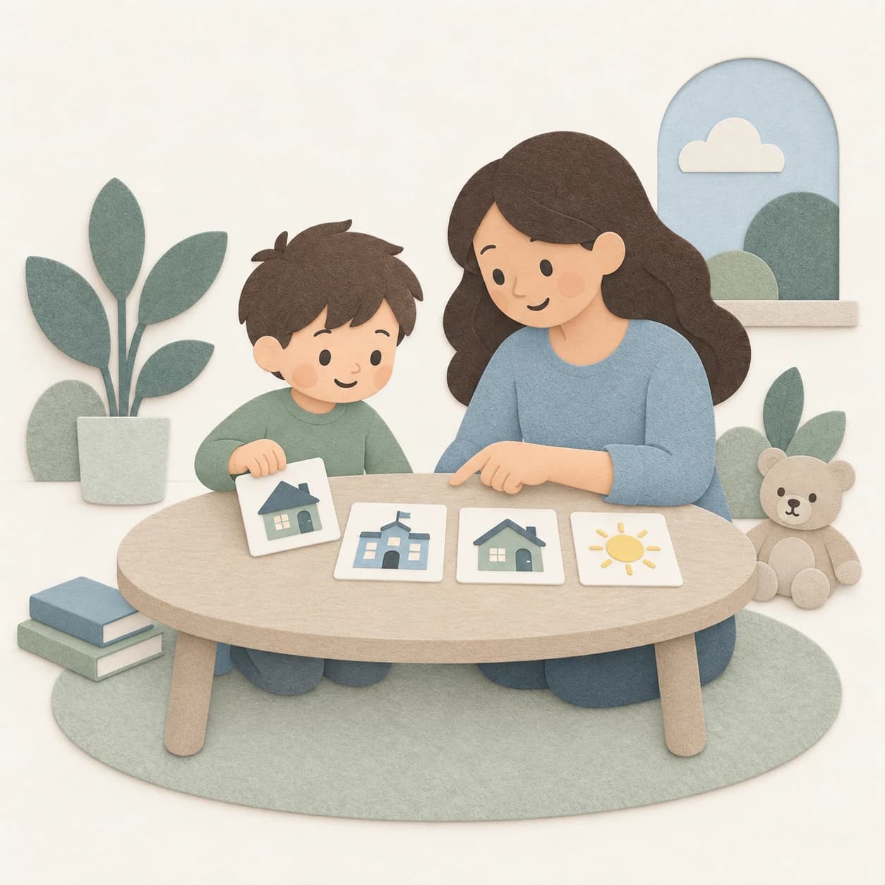 A parent and child sitting together at a low table, laying out picture cards of school, home and a sunny day